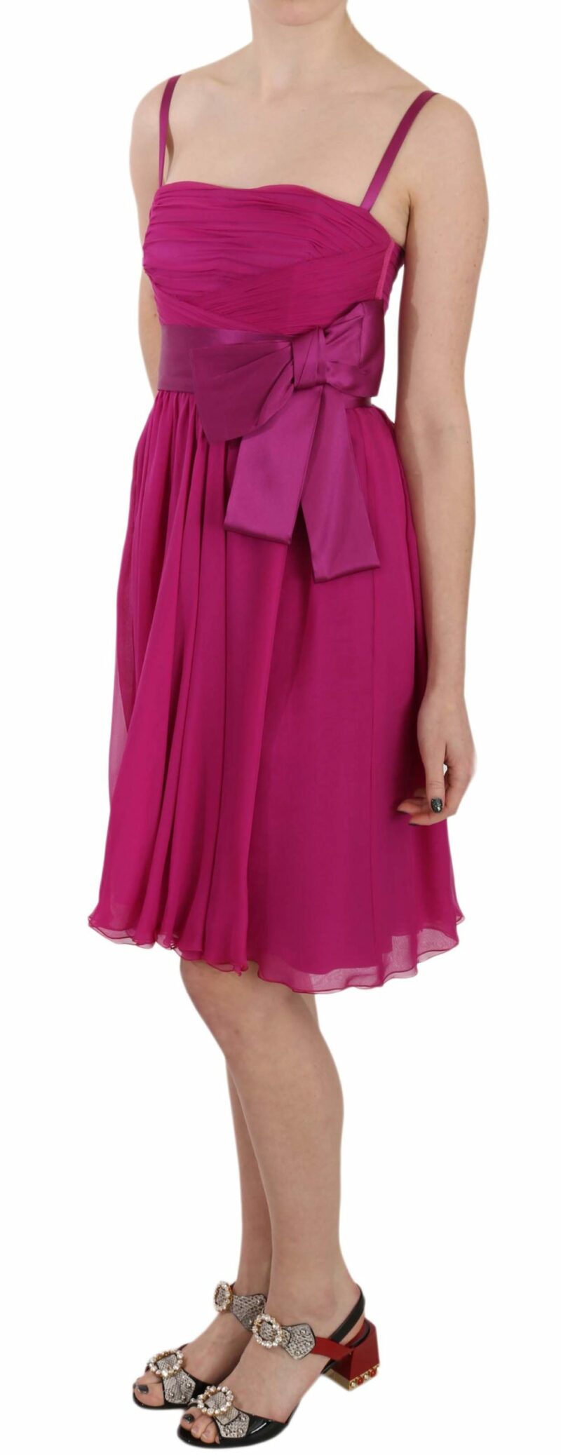 Dolce & Gabbana Elegant Fuchsia Pink Silk Bow Front Dress - Image 3