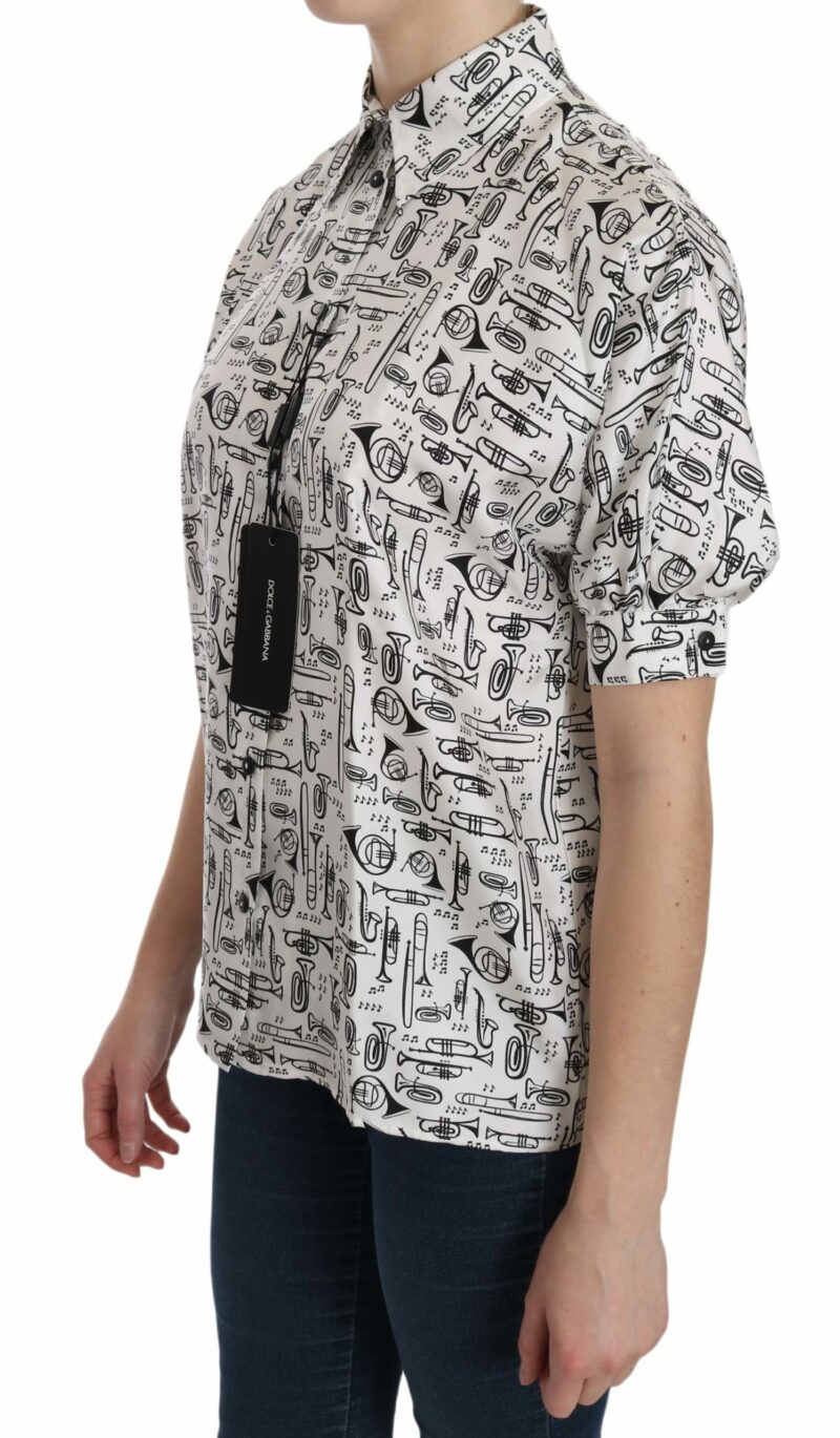Dolce & Gabbana Musical Instrument Print Silk Collared Top - Image 2