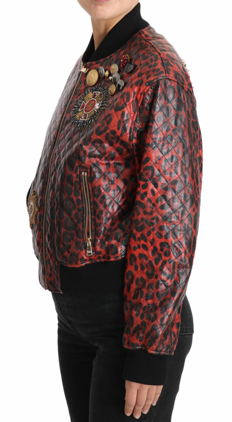 Dolce & Gabbana Red Leopard Bomber Leather Jacket with Crystal Buttons - Image 2