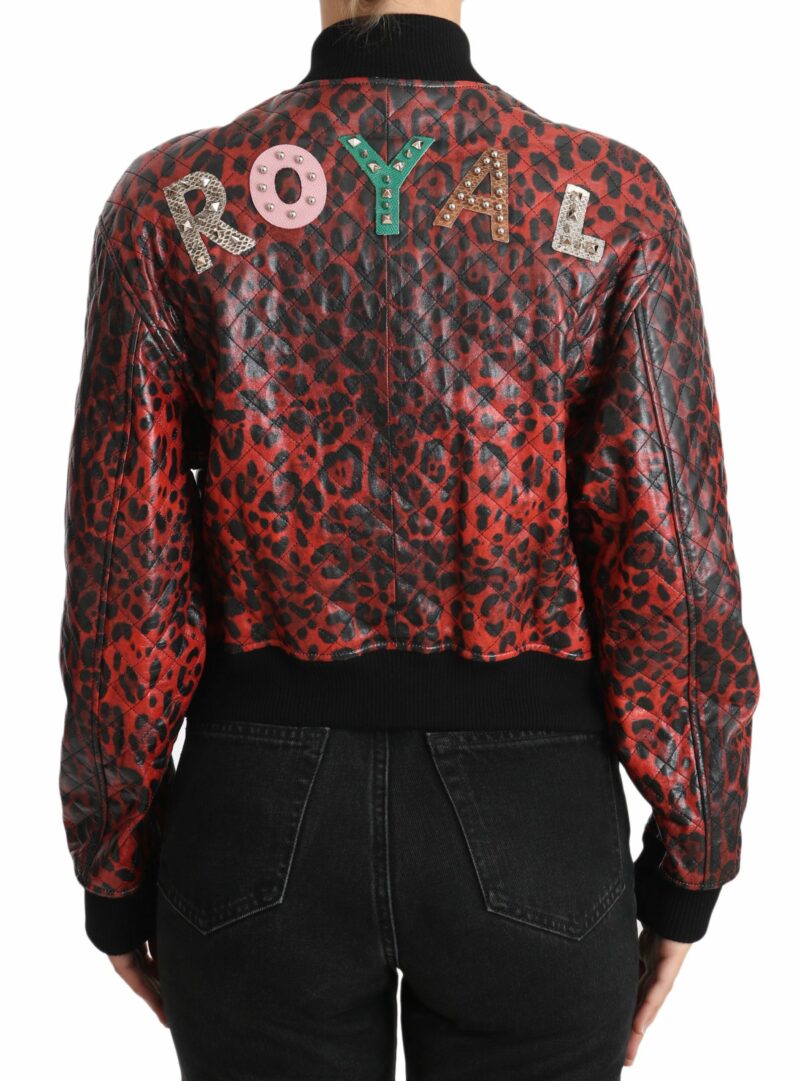 Dolce & Gabbana Red Leopard Bomber Leather Jacket with Crystal Buttons - Image 3