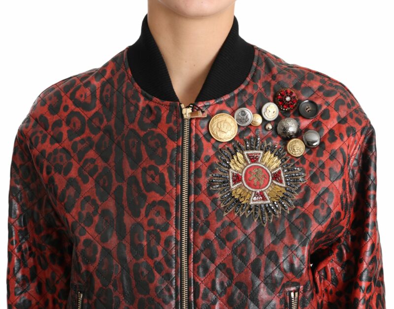 Dolce & Gabbana Red Leopard Bomber Leather Jacket with Crystal Buttons - Image 4
