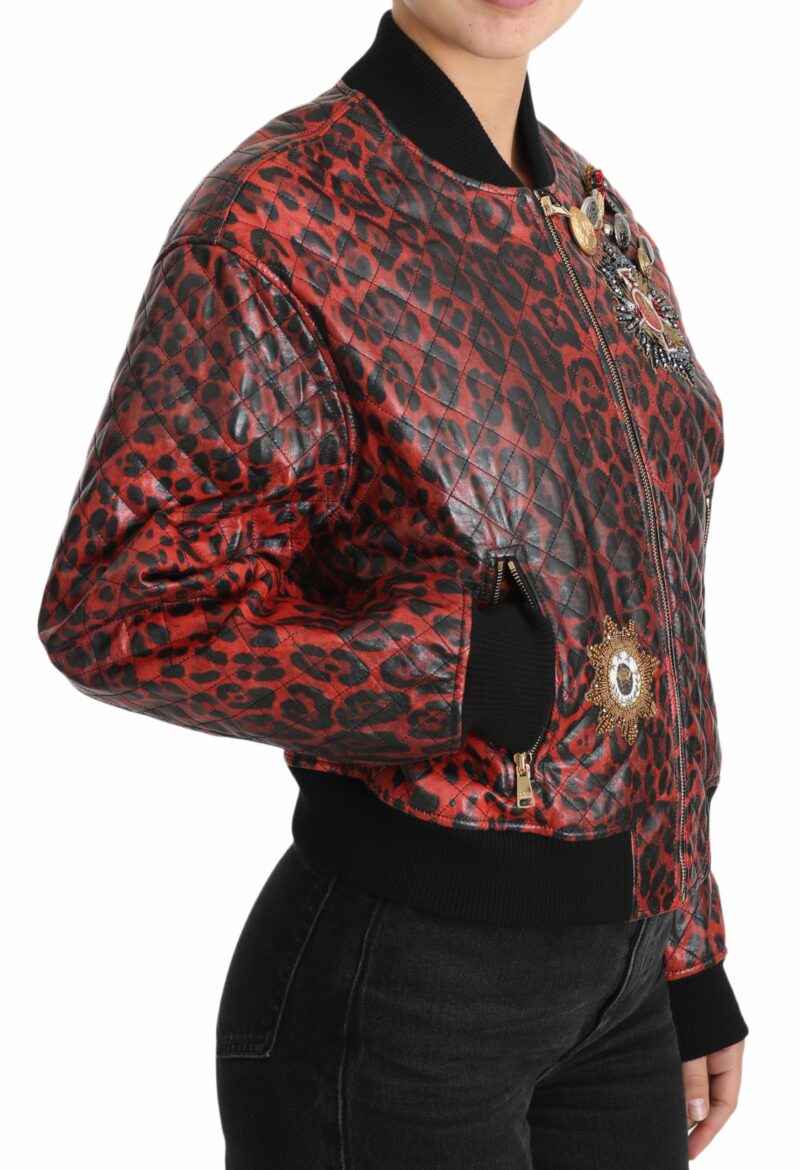Dolce & Gabbana Red Leopard Bomber Leather Jacket with Crystal Buttons - Image 5