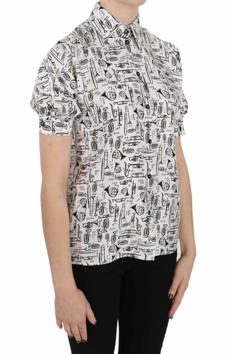 Dolce & Gabbana Elegant Trumpet Print Silk Blouse - Image 5
