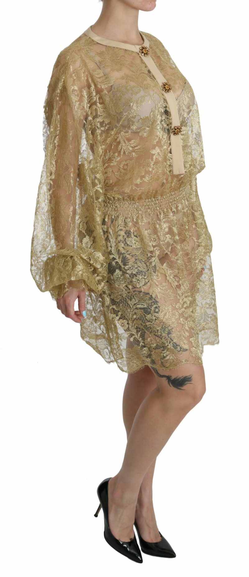 Dolce & Gabbana Elegant Gold Lace A-Line Knee Length Dress - Image 2