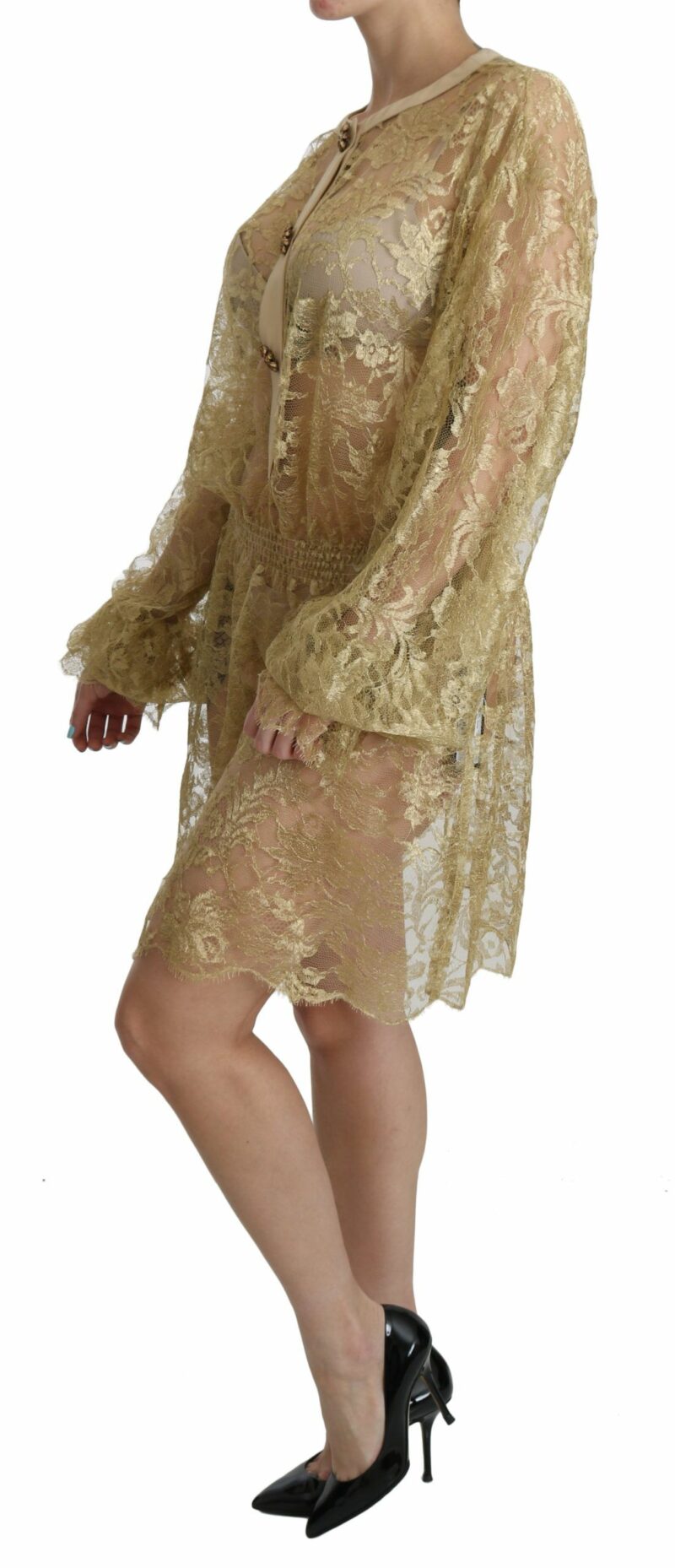 Dolce & Gabbana Elegant Gold Lace A-Line Knee Length Dress - Image 3