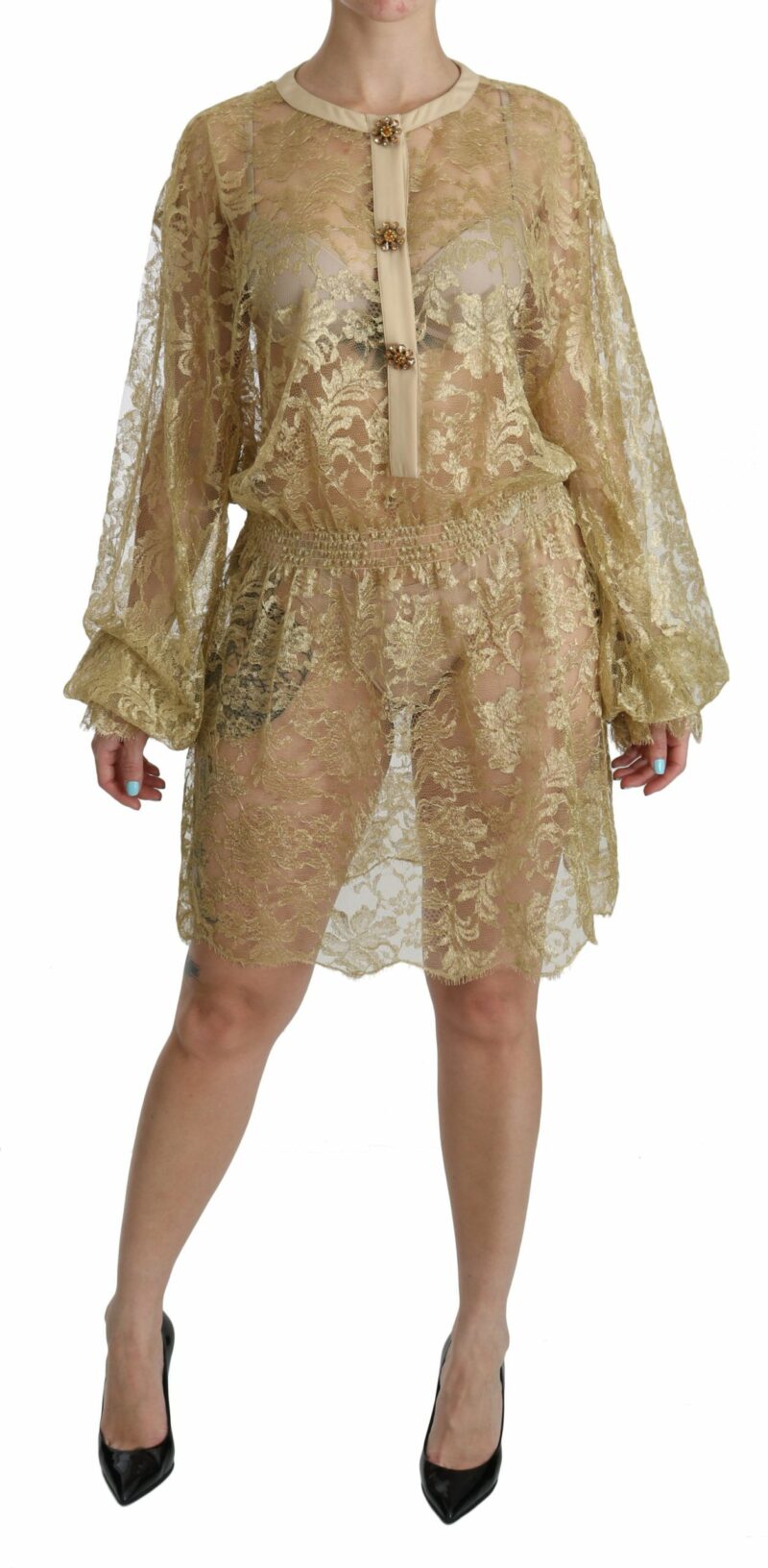 Dolce & Gabbana Elegant Gold Lace A-Line Knee Length Dress - Image 5