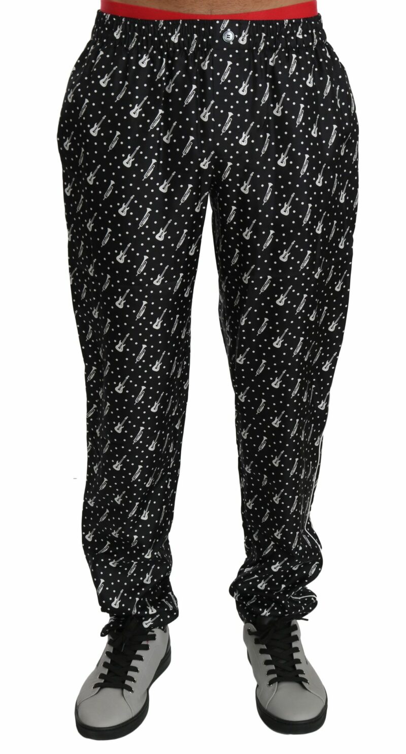 Dolce & Gabbana Elegant Black Musical Instrument Print Silk Pants - Image 4