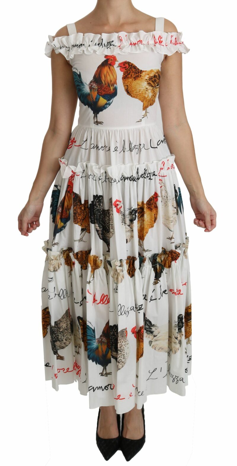 Dolce & Gabbana Elegant White Rooster Print Sheath Midi Dress - Image 2