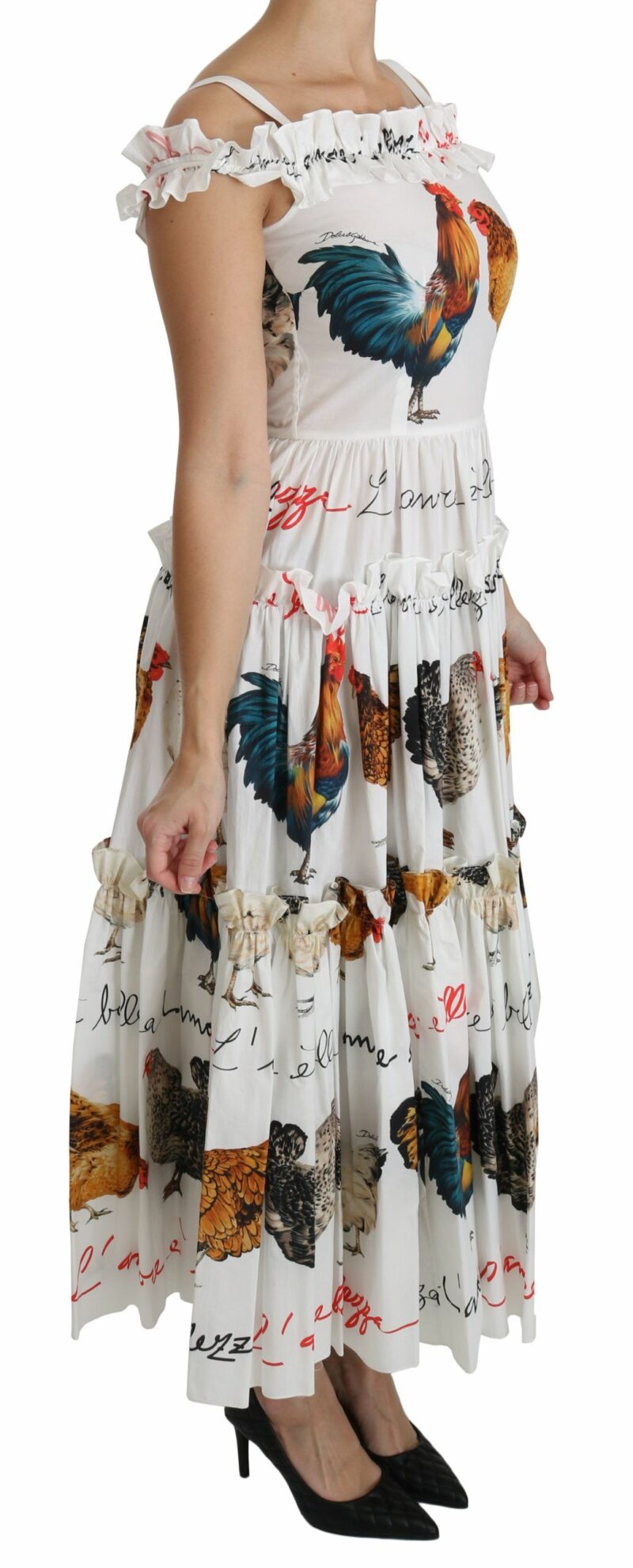 Dolce & Gabbana Elegant White Rooster Print Sheath Midi Dress - Image 3