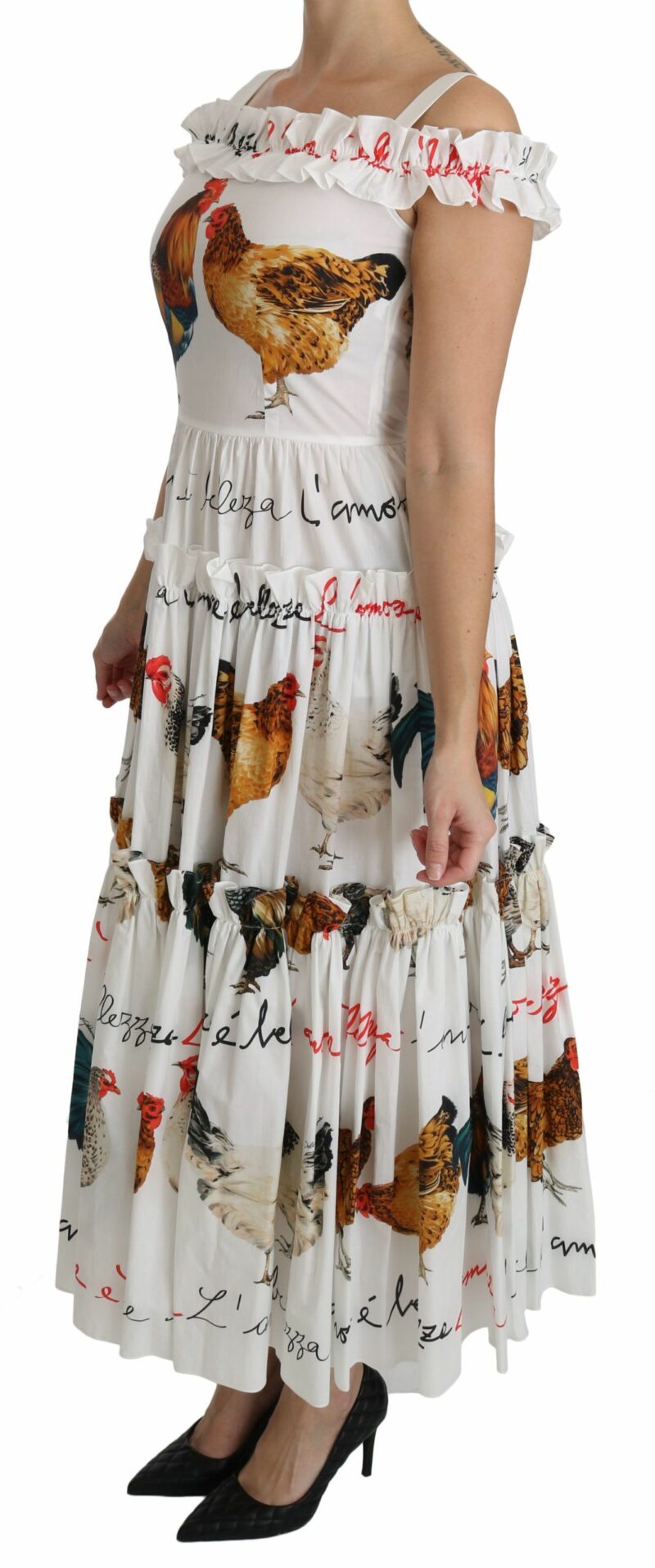 Dolce & Gabbana Elegant White Rooster Print Sheath Midi Dress - Image 4