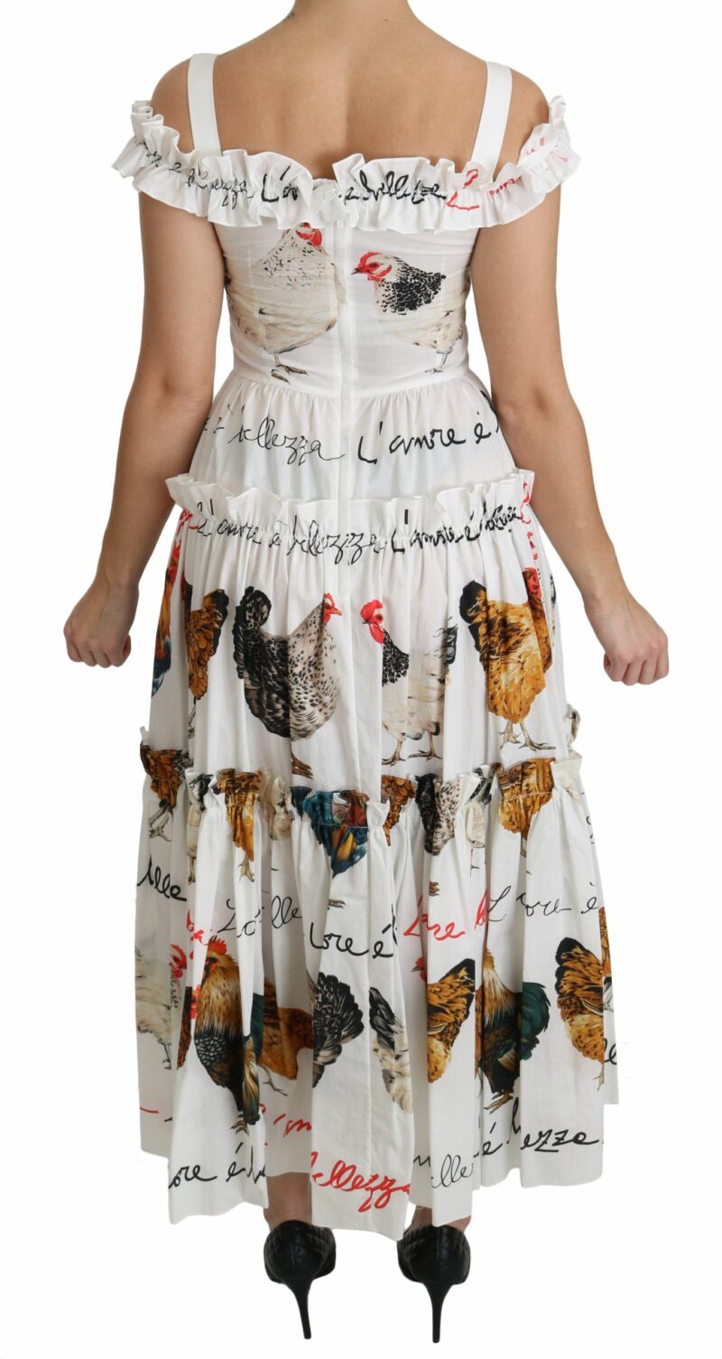 Dolce & Gabbana Elegant White Rooster Print Sheath Midi Dress - Image 5