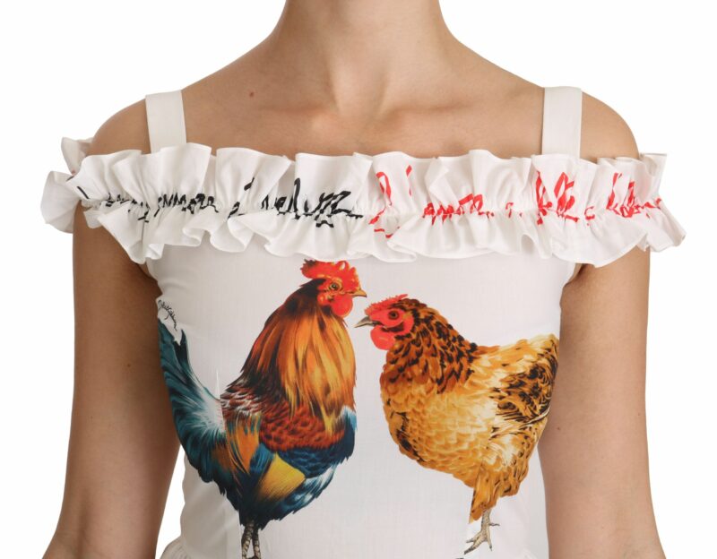 Dolce & Gabbana Elegant White Rooster Print Sheath Midi Dress - Image 6