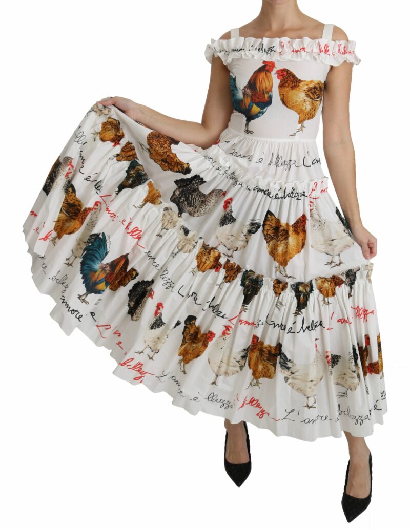 Dolce & Gabbana Elegant White Rooster Print Sheath Midi Dress - Image 7