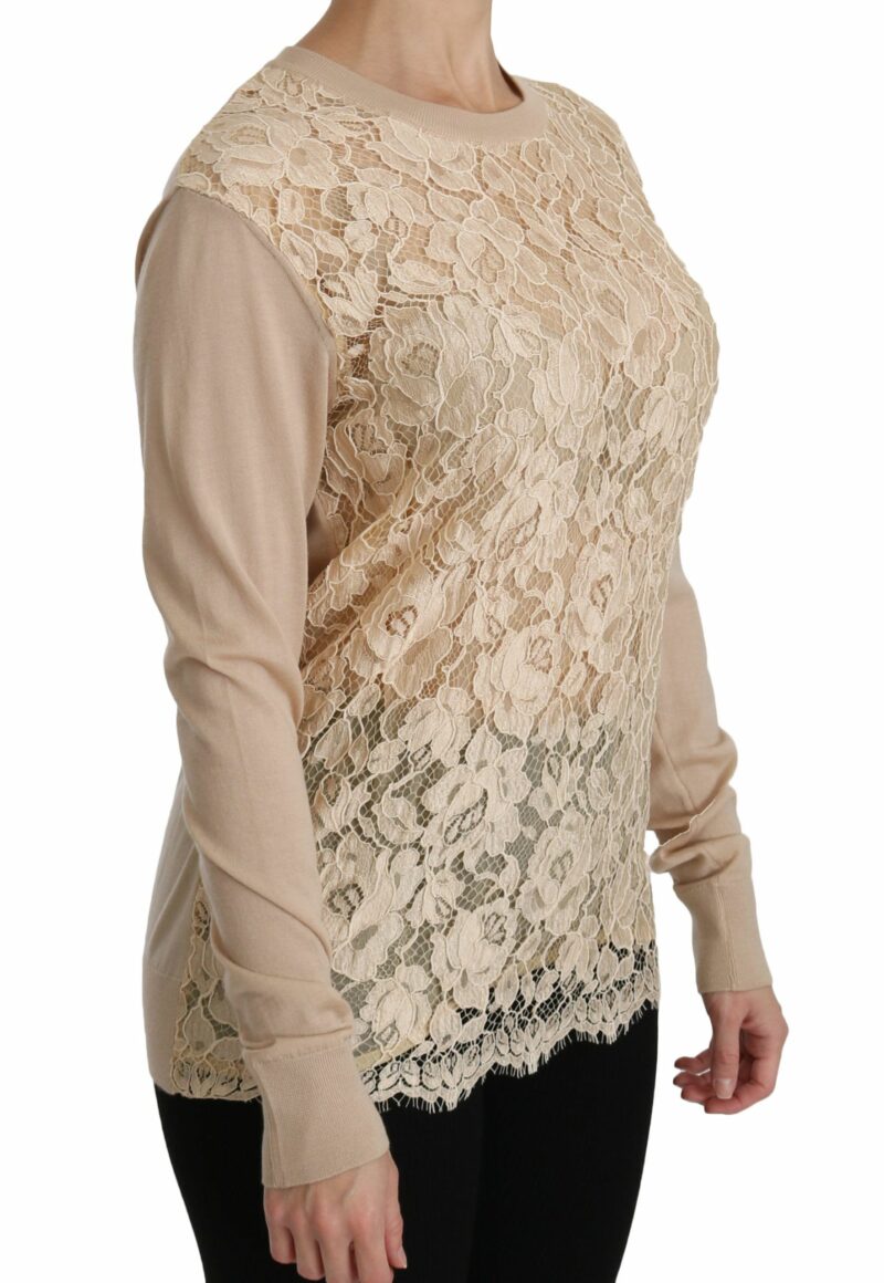 Dolce & Gabbana Elegant Beige Lace Crew Neck Cashmere Blouse - Image 3