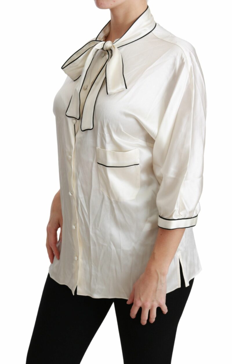 Dolce & Gabbana Elegant Beige Silk Blouse with Bow Scarf - Image 3