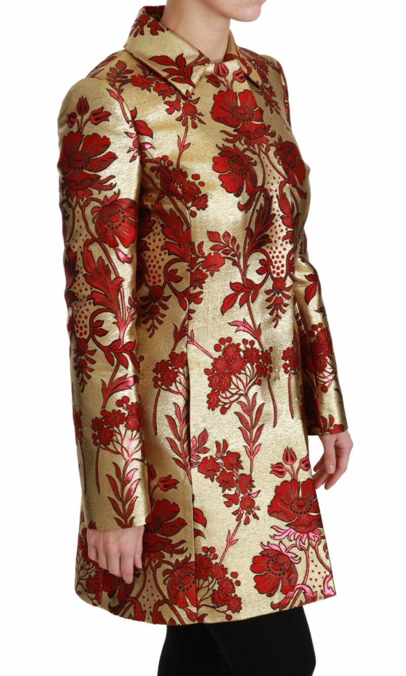 Dolce & Gabbana Elegant Gold Floral Brocade Trench Coat - Image 2