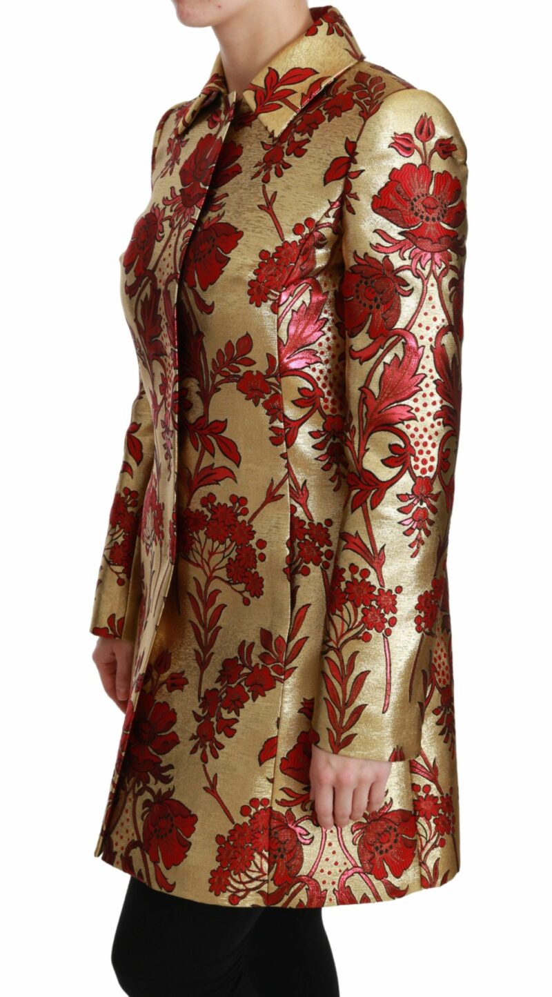 Dolce & Gabbana Elegant Gold Floral Brocade Trench Coat - Image 3