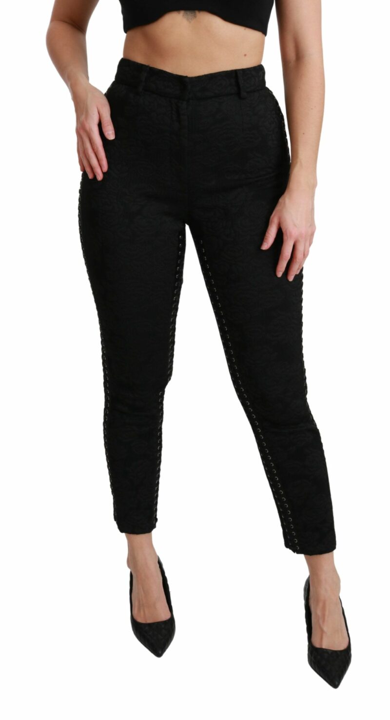 Dolce & Gabbana Elegant High Waist Skinny Black Brocade Pants - Image 2