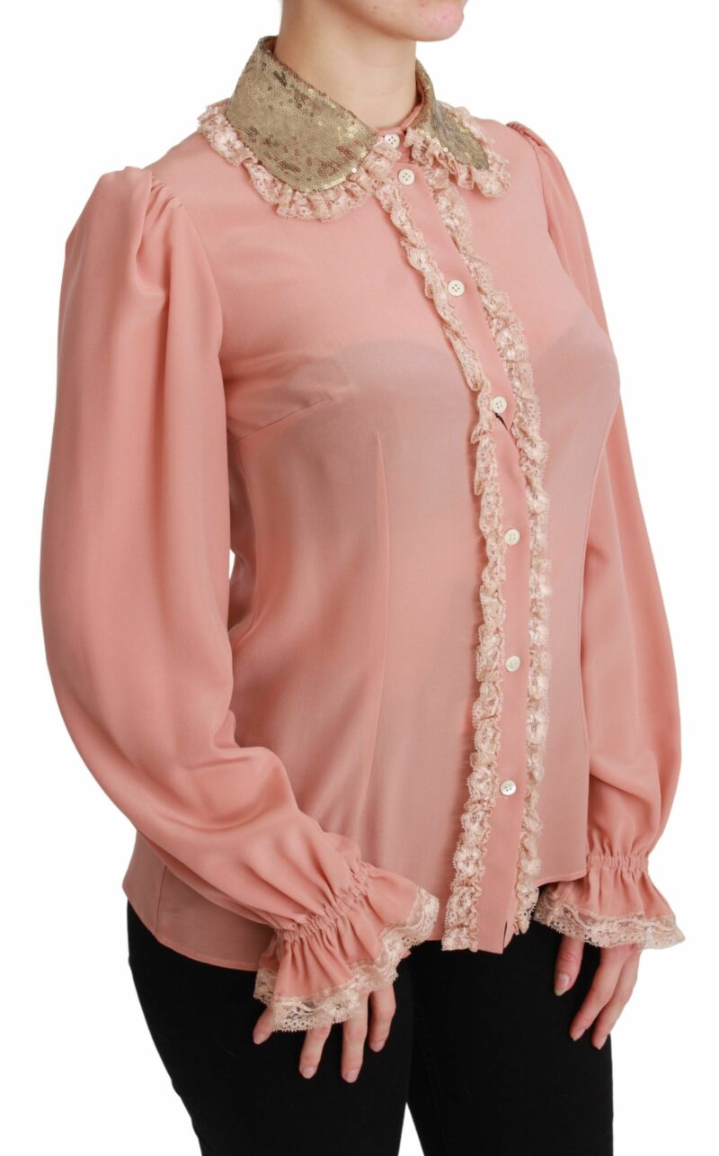 Dolce & Gabbana Elegant Pink Lace Silk Blouse with Gold Sequins - Image 2
