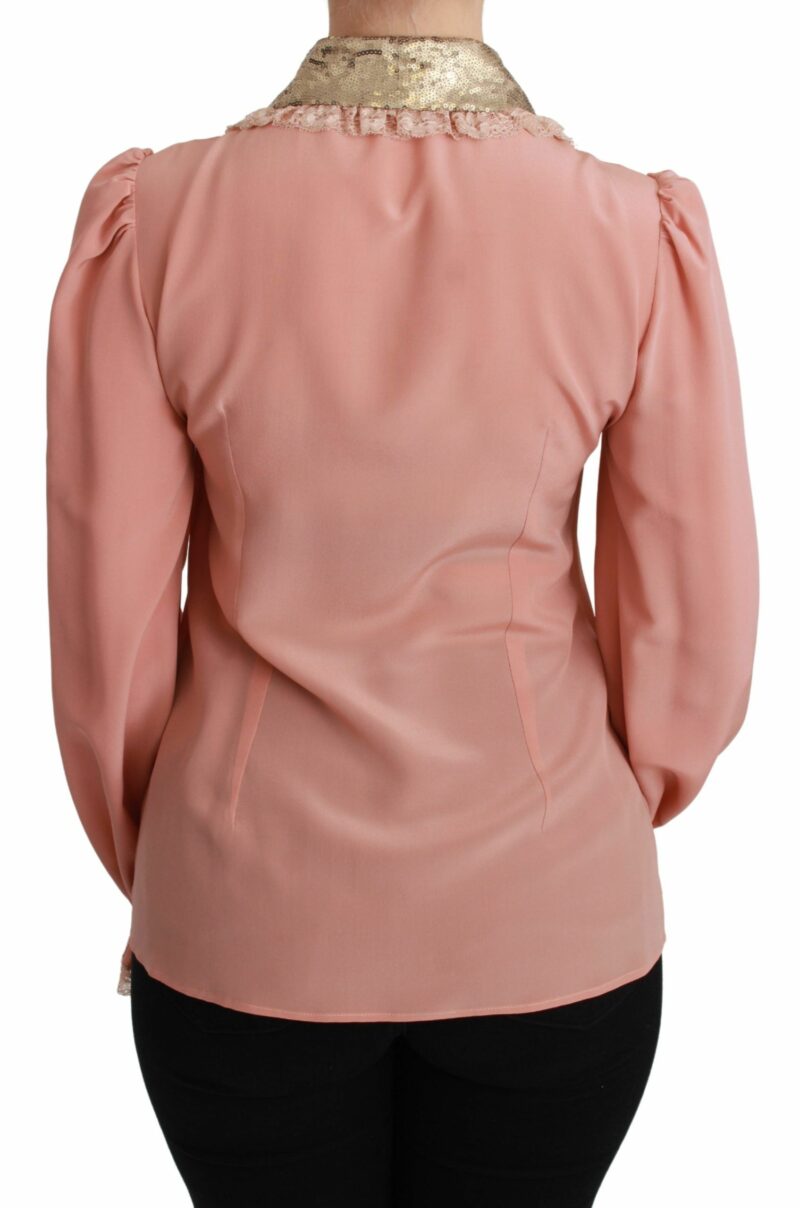 Dolce & Gabbana Elegant Pink Lace Silk Blouse with Gold Sequins - Image 4