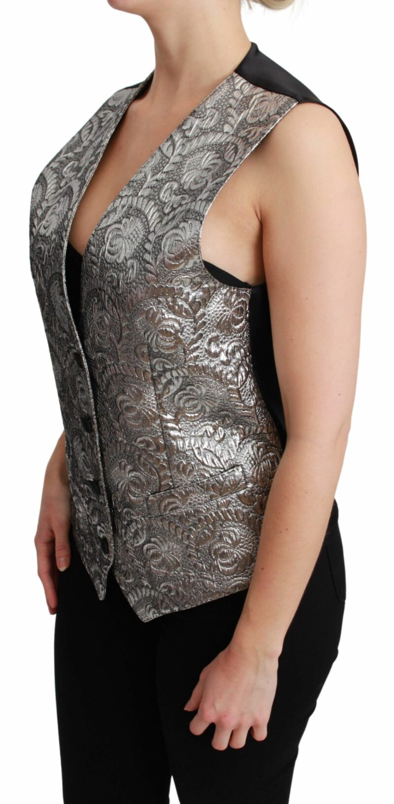 Dolce & Gabbana Elegant Silver Sleeveless Brocade Vest - Image 3