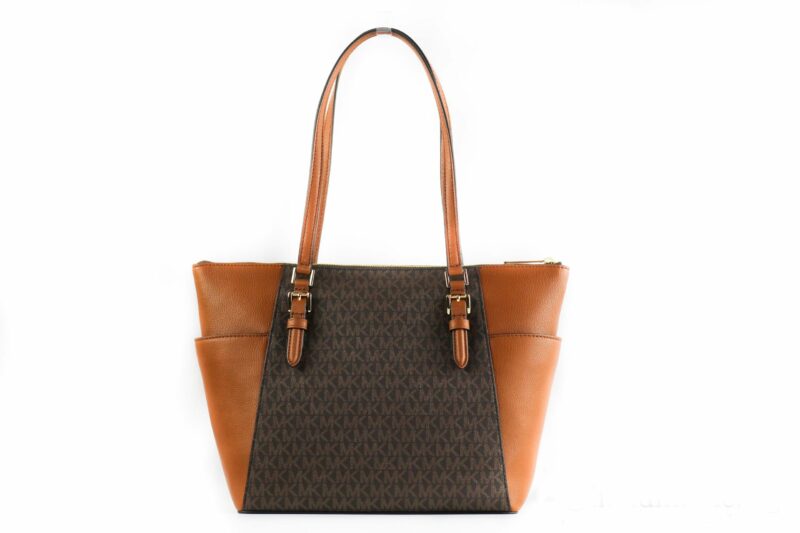 Michael Kors Charlotte Signature Leather Large Top Zip Tote Handbag Bag (Brown) - Image 2