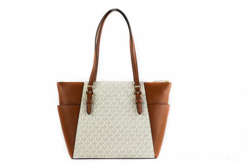Michael Kors Charlotte Signature Leather Large Top Zip Tote Handbag Bag (Vanilla) - Image 2