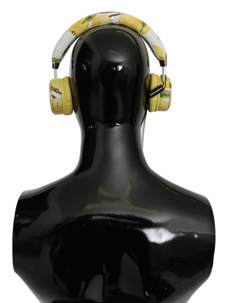 Dolce & Gabbana Chic White Leather Headphones with Yellow Print - Image 2