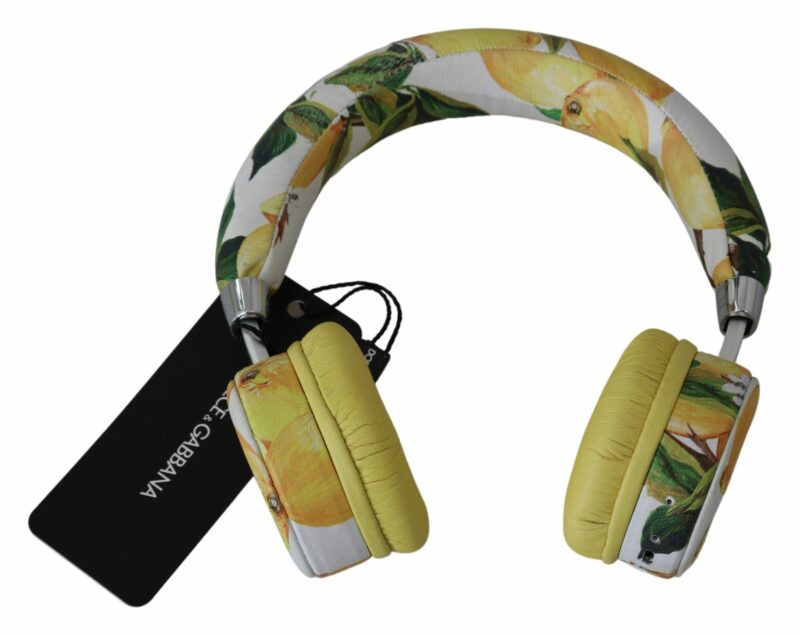Dolce & Gabbana Chic White Leather Headphones with Yellow Print - Image 3