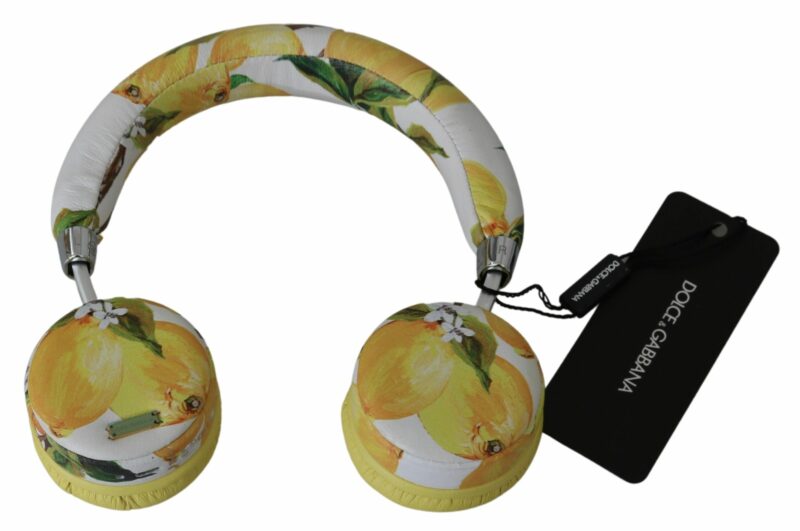 Dolce & Gabbana Chic White Leather Headphones with Yellow Print - Image 5