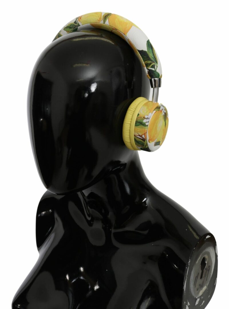 Dolce & Gabbana Chic White Leather Headphones with Yellow Print - Image 6