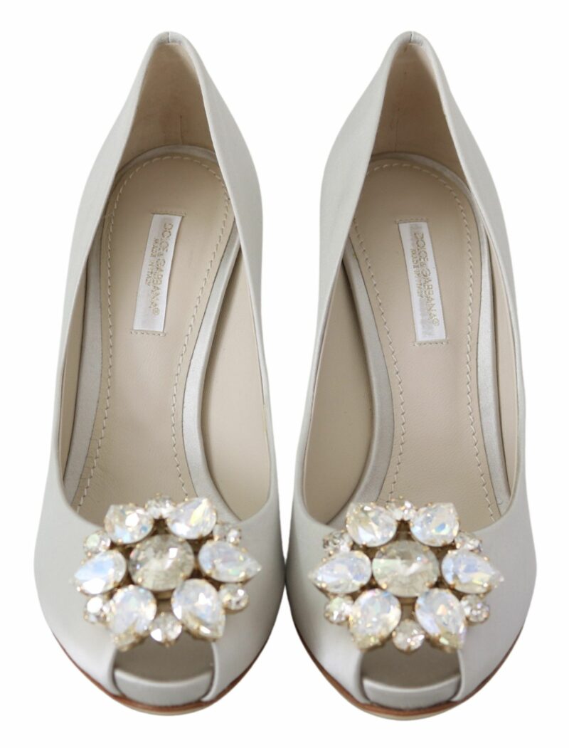 Dolce & Gabbana White Crystal Peep Toe Silk Blend Heels - Image 4