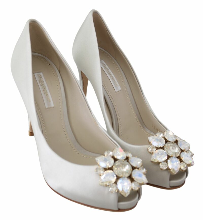 Dolce & Gabbana White Crystal Peep Toe Silk Blend Heels - Image 5
