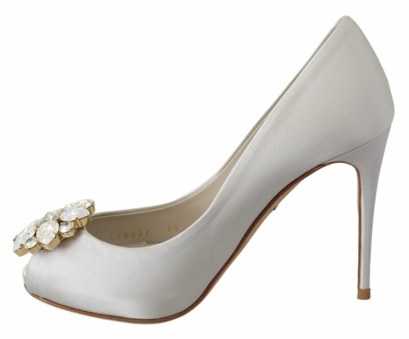 Dolce & Gabbana White Crystal Peep Toe Silk Blend Heels - Image 7