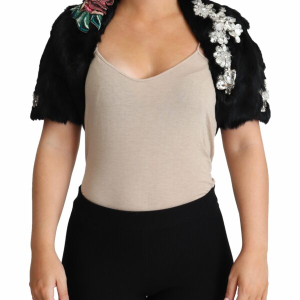 Dolce & Gabbana Elegant Black Rabbit Fur Crystal Jacket