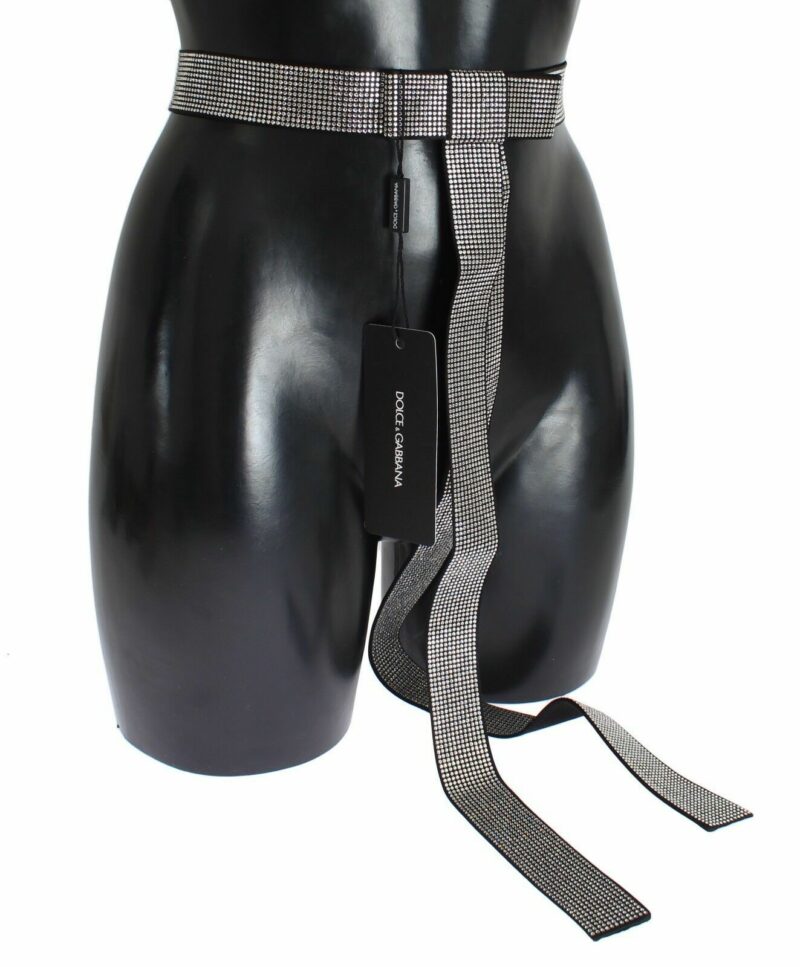 Dolce & Gabbana Black Silk Crystal Bow Waist Belt Elegance - Image 2