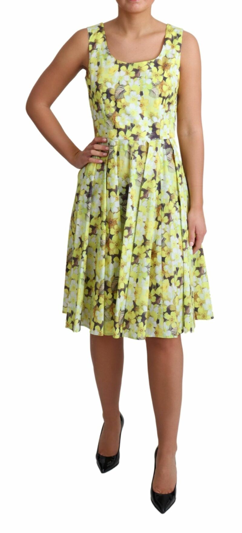 Dolce & Gabbana Elegant Yellow Floral A-Line Sleeveless Dress - Image 2