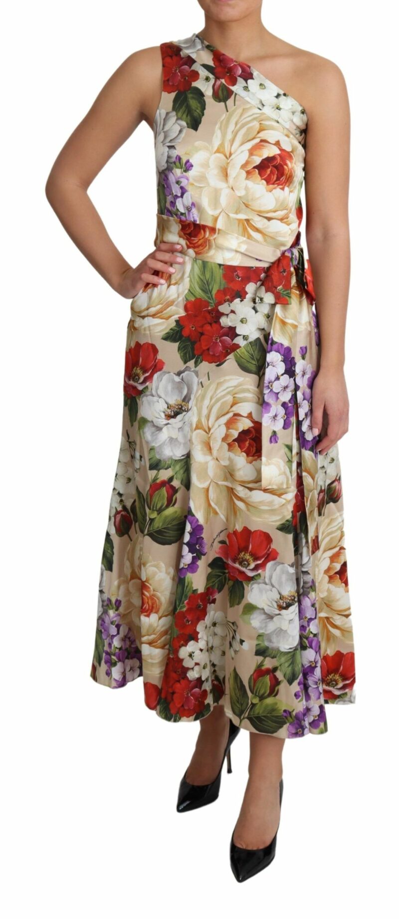 Dolce & Gabbana Elegant One-Shoulder Floral Silk Maxi Dress - Image 2