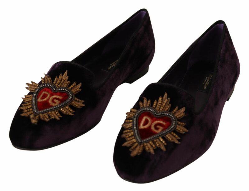Dolce & Gabbana Chic Purple Velvet Loafers with Heart Detail - Image 2