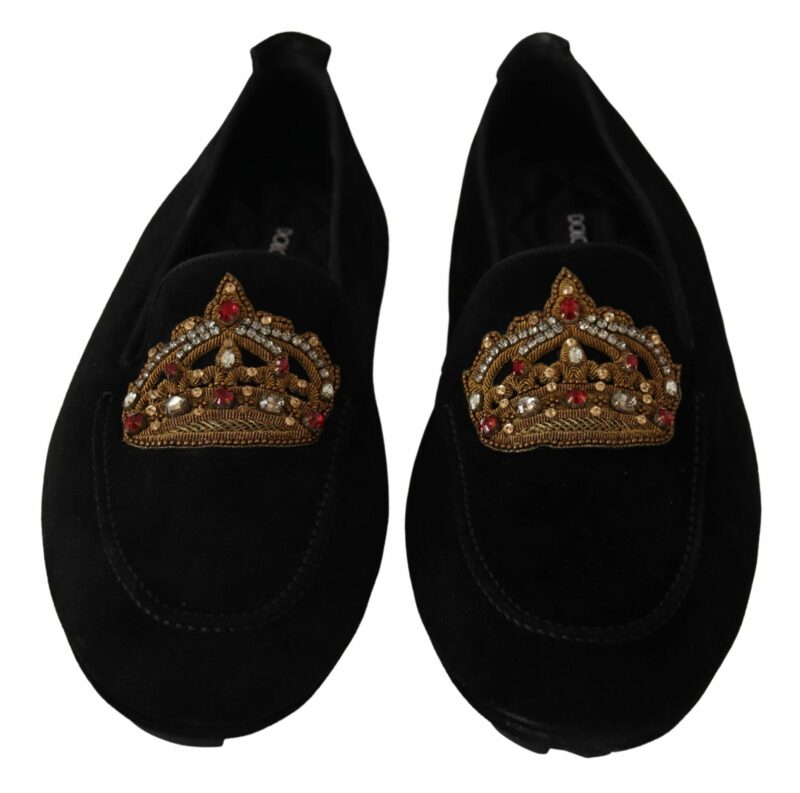 Dolce & Gabbana Elegant Black Leather Loafer Slides with Gold Embroidery - Image 2