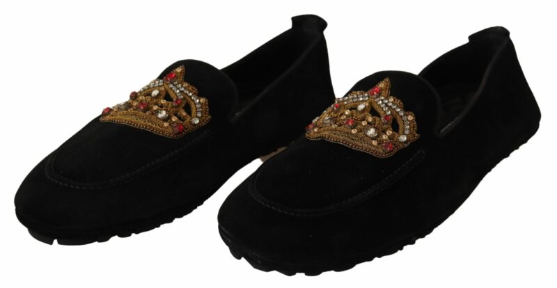 Dolce & Gabbana Elegant Black Leather Loafer Slides with Gold Embroidery - Image 3