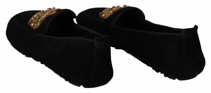 Dolce & Gabbana Elegant Black Leather Loafer Slides with Gold Embroidery - Image 4