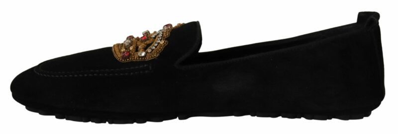 Dolce & Gabbana Elegant Black Leather Loafer Slides with Gold Embroidery - Image 5