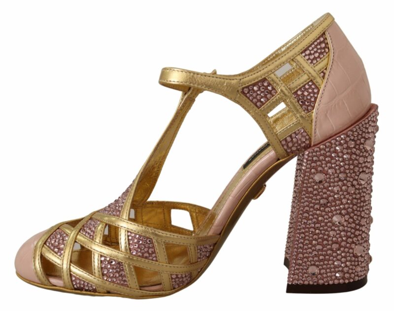 Dolce & Gabbana Silk-Infused Leather Crystal Pumps in Pink Gold - Image 4