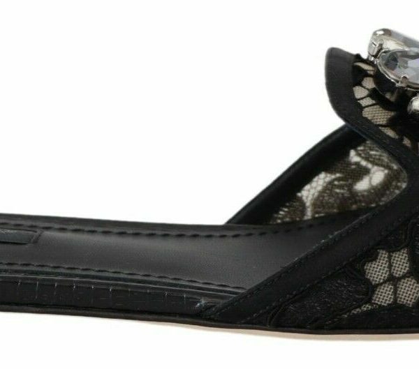 Dolce & Gabbana Elegant Black Lace Mules with Jewel Flower Detail