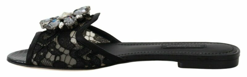 Dolce & Gabbana Elegant Black Lace Mules with Jewel Flower Detail - Image 2