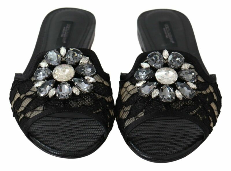 Dolce & Gabbana Elegant Black Lace Mules with Jewel Flower Detail - Image 5