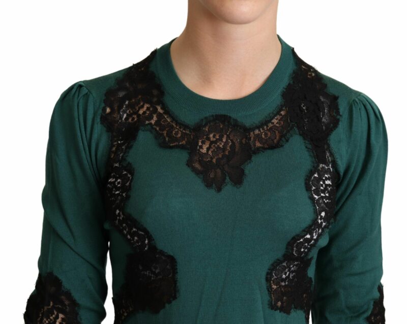 Dolce & Gabbana Elegant Green Pullover with Black Lace Detail - Image 4