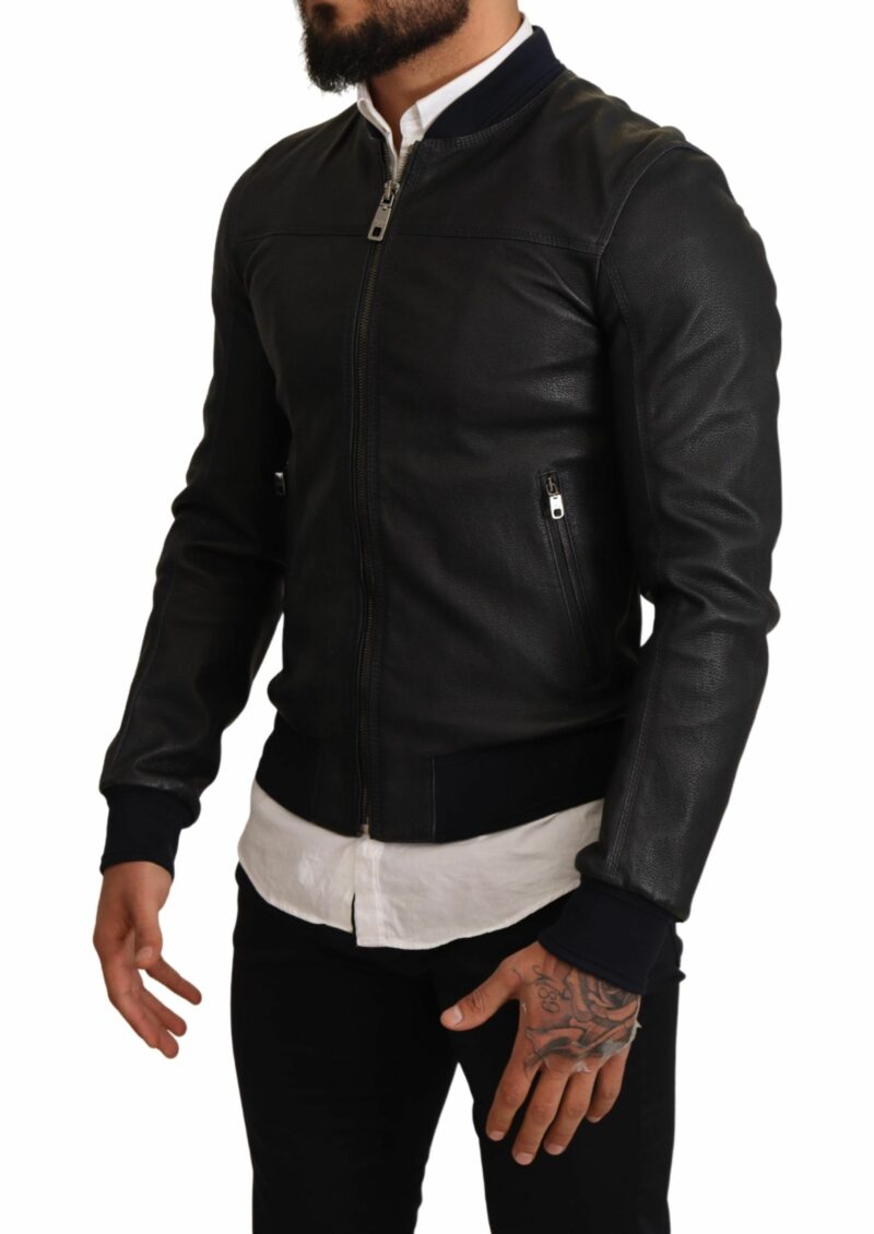 Dolce & Gabbana Elegant Leather Bomber Jacket in Dark Blue - Image 2