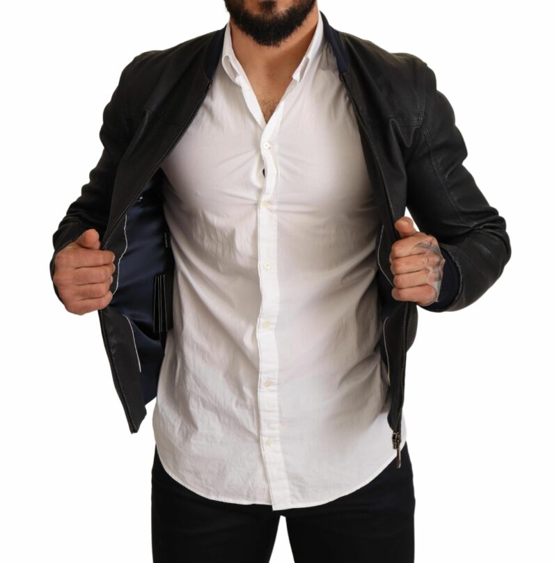 Dolce & Gabbana Elegant Leather Bomber Jacket in Dark Blue - Image 5